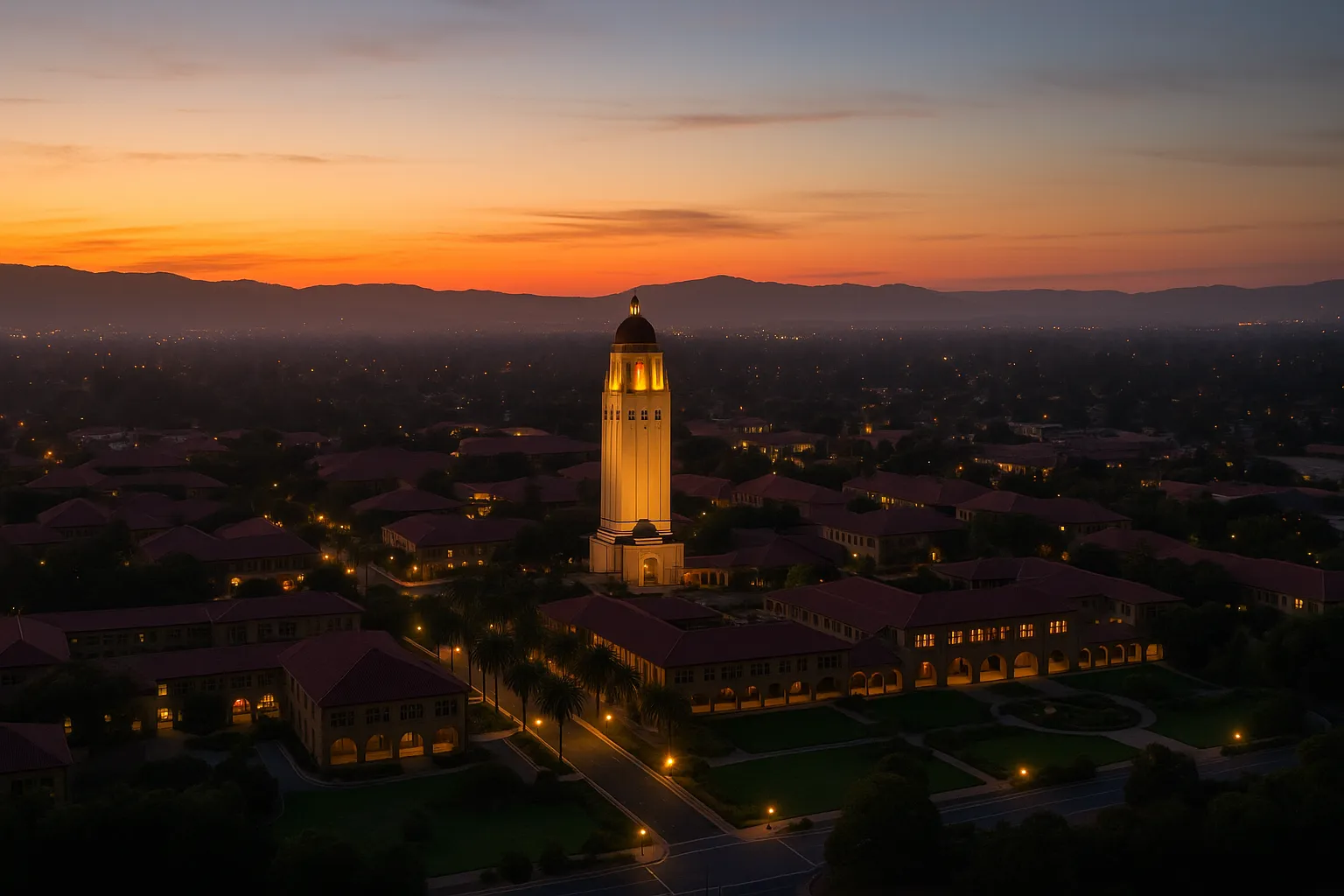 High-resolution aerial twilight shot of Stanford University featuring Hoover Tower’s illuminated dome rising above the Main Quad in the foreground, surrounding red-tile roofs and arcades, and rolling foothills silhouetted against a warm evening sky.